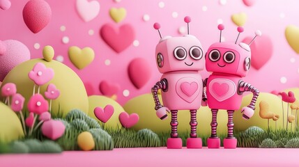Fototapeta premium Cute pink robots standing together on a colorful heart-themed background with vibrant flowers and playful shapes