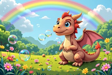 Naklejka premium Adorable Baby Dragon in a Magical Rainbow Meadow Blowing Bubbles
