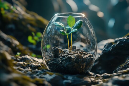 Futuristic Terrarium Glowing Sprout in Eco-Tech Environment, A Vision of Future Sustainability This image showcases a vibrant, glowing sprout thriving within a technologically advanced terrarium