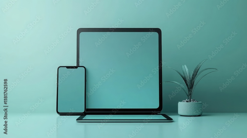 Poster tablet computer and smartphone in clean tech display, 3d render. minimalistic and modern design for 