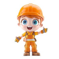 A cartoon boy wearing an orange hard hat, overalls, and gloves smiles with his arm raised.