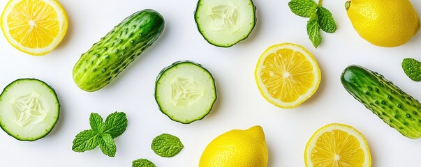 Plant-Based Cuisine with Seasonal Herbs for Vegan Living concept. Fresh cucumbers and lemons with mint leaves on a white background