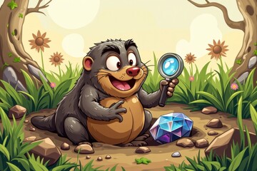 Naklejka premium Happy Mole Discovering Sparkling Gemstone in Nature Cartoon Illustration