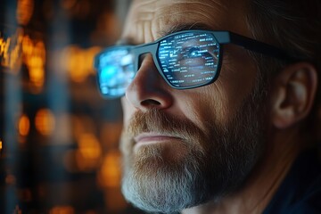 Close-up of senior man wearing glasses reflecting code.