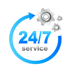 Vector illustration of 24 7 service icon. It works around the clock. Vector illustration