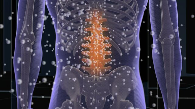 3d animation of molecules that cure back pain. Focused on spine lumbar region. Futuristic background. Alpha chanel included 
