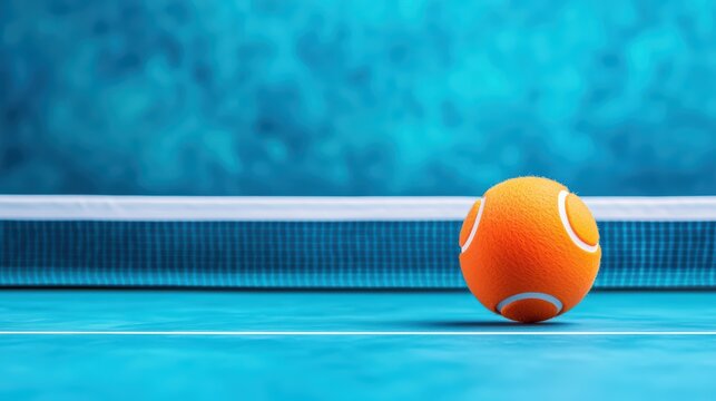 Bright Orange Tennis Ball on Court with Vibrant Aqua Background