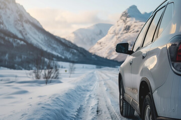 Fototapeta premium Car on a mountain pass surrounded by snow-covered peaks during a scenic road trip.