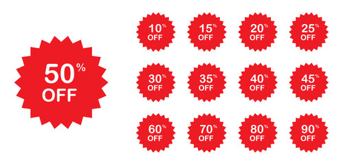 Discount sale off tags 50, 10, 15, 20, 25, 30, 35, 40, 60, 70, 80 and 90 percent. Set sale offer emblem, badge price discount number.  Special offer discount with different value percent off.  