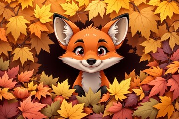 Adorable Cartoon Fox Kit Amidst Vibrant Autumn Leaves Fall Season Illustration