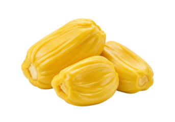 A piece of jackfruit with visible yellow bulbs, isolated on white background, no depth of field, sharp.