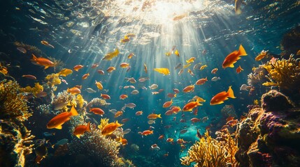 Naklejka premium Colorful Underwater Scene with Tropical Fish and Coral Reef