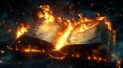 An open book engulfed in flames, symbolizing knowledge and transformation through fire.