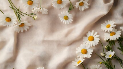 Flat lay of fresh daisies on beige linen.