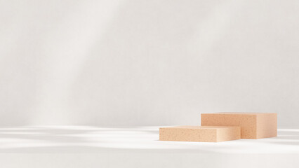 A 3D rendering of an empty space featuring a podium on a terrazzo-textured floor with a grey wall in a landscape layout, perfect for showcasing merchandise.