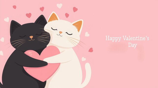 Valentine backgrounds feature charming pets. Cute cats hugging with hearts on a pink background for Valentine's Day.