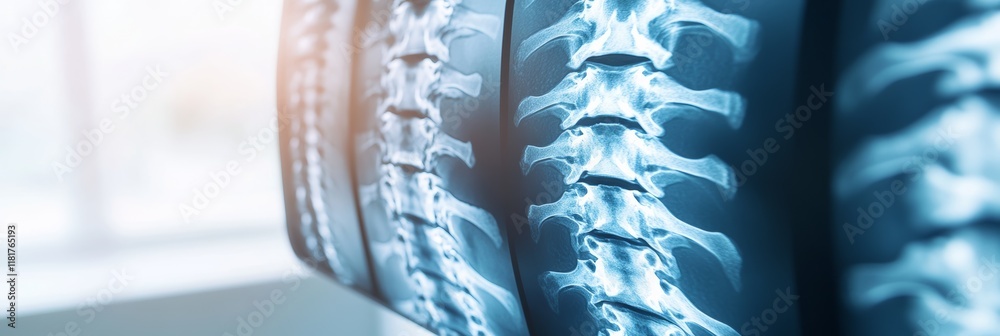 Poster Multiple x ray images of a spinal column are displayed on a lightbox, providing a comprehensive view for medical diagnosis and treatment planning