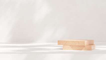 A 3D rendering of an empty space featuring a podium on a terrazzo-textured floor with a grey wall in a landscape layout, perfect for showcasing merchandise.