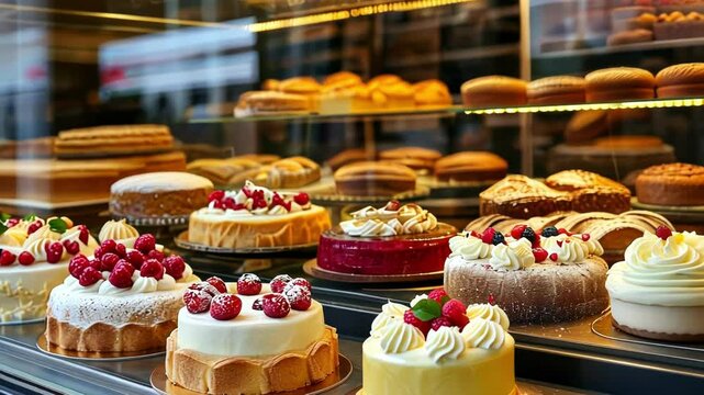 An enticing display of various cakes and pastries in a bakery shop