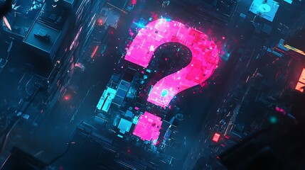 Glowing pink question mark on dark digital circuit board.