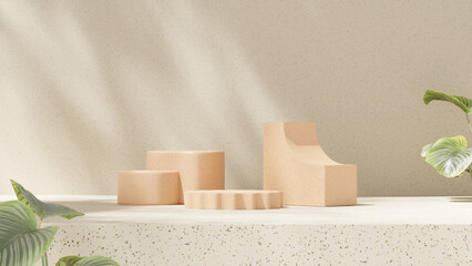 A 3D rendering of an empty space featuring a podium on a terrazzo-textured floor with a grey wall in a landscape layout, perfect for showcasing merchandise.