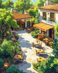 Obraz premium [Outdoor Brunch fresh outdoor menu] Mediterranean Villa with Lush Greenery & Courtyard Oasis in Warm Climate Scene