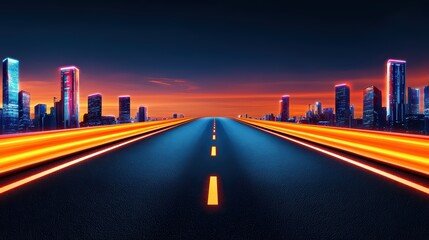 Obraz premium Futuristic Highway at Sunset with Urban Skyline and Neon Lights