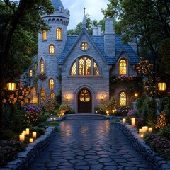 [Old stone twostory house at night with porch lights] Romantic Old Stone Mansion at Night with Warm Porch Candles & Illuminated Driveway Under Starry Sky