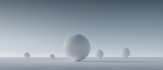 A group of white spheres are scattered across a snowy field