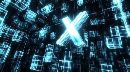 Glowing X symbol in digital cube space.
