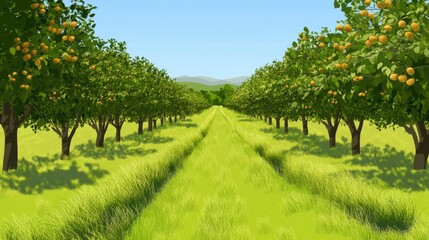 Naklejka premium Stunning Orchard Landscape: Rows of Fruit Trees in a Lush Green Meadow, A Breathtaking Countryside View