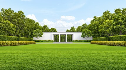 Obraz premium Serene Modern Home Surrounded by Lush Green Landscape in Daylight