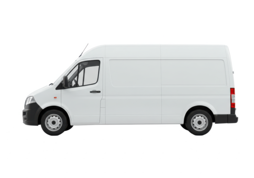 white delivery van side view, isolated on white background, no depth of field, sharp.