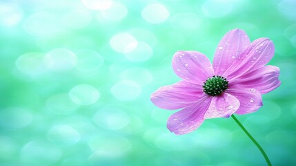 Delicate Pink Flower with Dew Drops, Soft Green Background