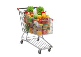 Shopping cart with food products, isolated on white background, no depth of field, sharp