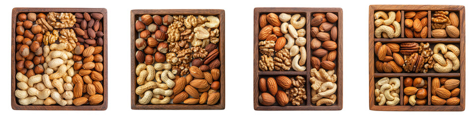 Obraz premium An assortment of various types of nuts and healthy snacks such as almonds walnuts cashews peanuts and more arranged in a wooden box with separate compartments