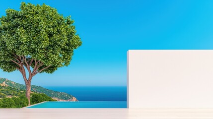 Obraz premium Tranquil Poolside View with Lush Tree and Clear Blue Sky