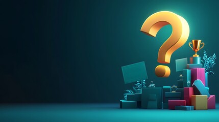 Golden question mark above prizes and gifts.
