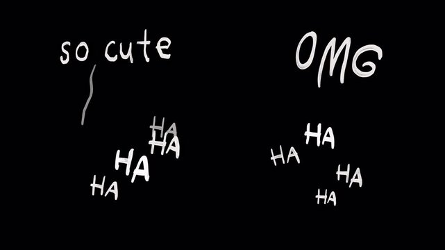 Set of writing effects hand drawn wording, laugh, flowing hahaha, so cute, OMG, brush stroke animation doodle texture on a transparent background, alpha channel