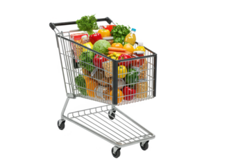 Shopping cart with food products, isolated on white background, no depth of field, sharp