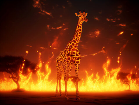 giraffe in the woods with a burning planet