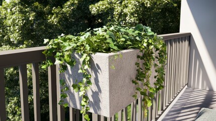 Naklejka premium Stylish Concrete Planter on a Modern Balcony with Hanging Ivy - A Breathtaking Urban Oasis