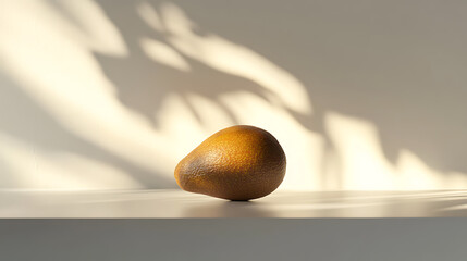 A solitary brown fruit rests on a minimalist surface, surrounded by soft shadows.