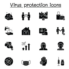 Set of Virus protection line icons. contains such Icons as, social distancing, mask, hand washing, stay home and more.