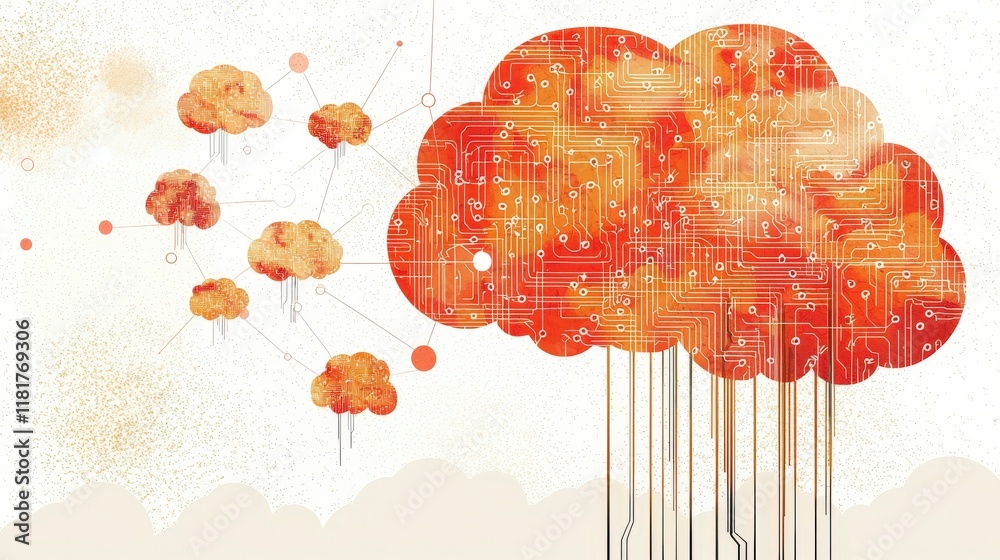 Poster digital cloud concept with circuit lines and orange elements representing technology and data storag