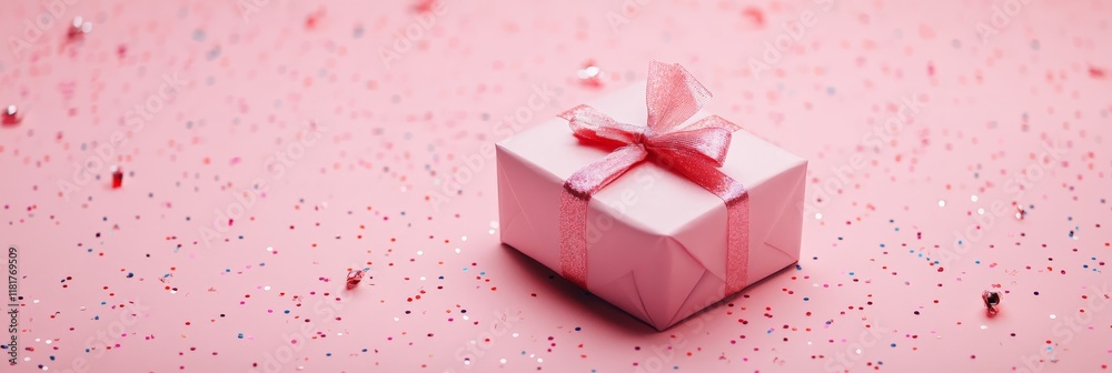 Poster beautifully wrapped pink gift box with a matching ribbon resting on a pink background sprinkled with
