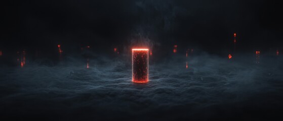 A glowing red cube sits in the middle of a dark, foggy sky