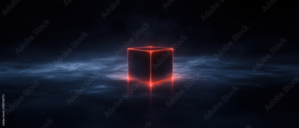 Sticker a cube is lit up in red and is surrounded by a dark blue background