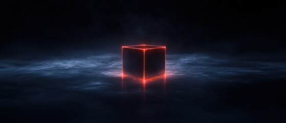A cube is lit up in red and is surrounded by a dark blue background