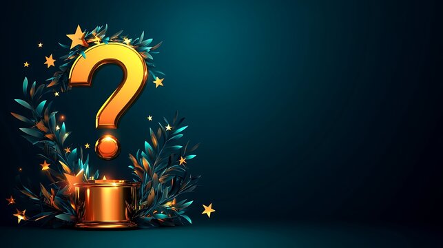 Golden question mark with teal leaves & stars.